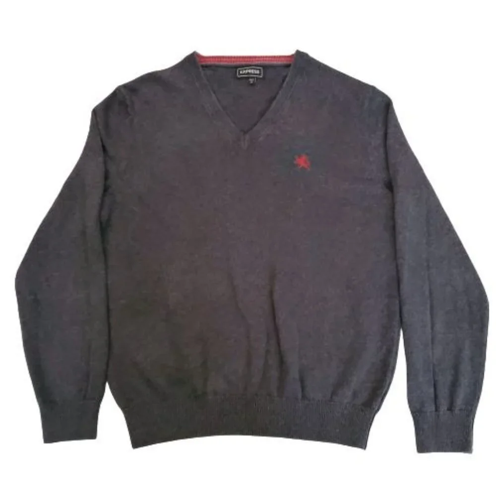Express Men's‎ V-Neck Long Sleeve Pullover Knit Sweater Dark Gray Size Medium